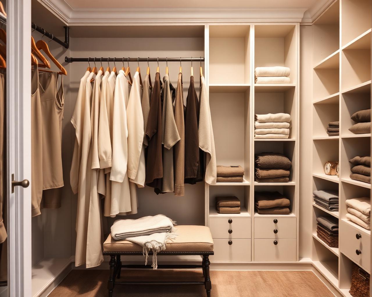 A beautifully organized walk-in closet in warm neutral tones