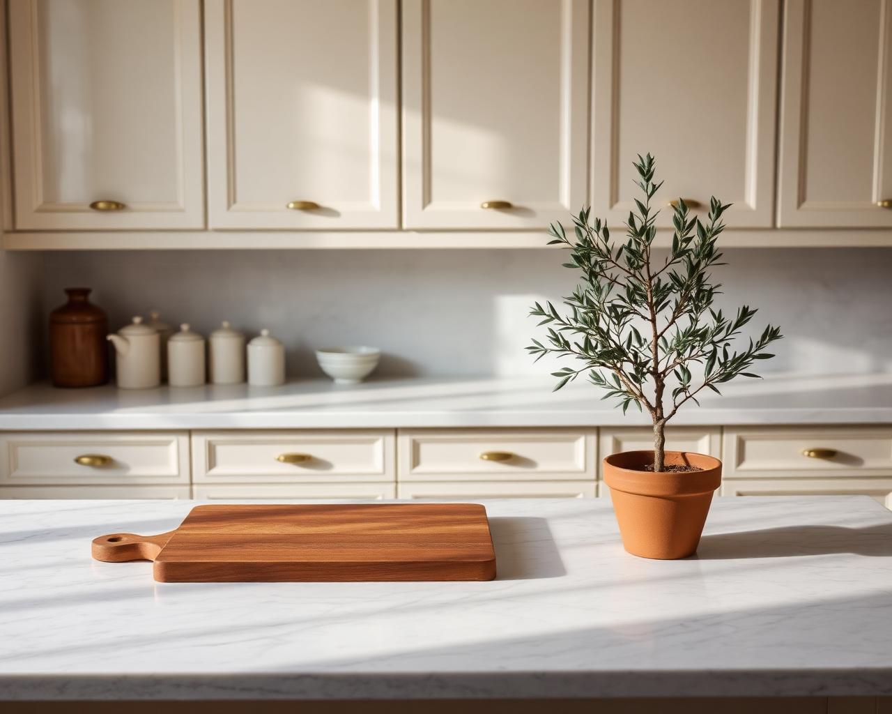 A warm, ready kitchen with fresh florals and natural light