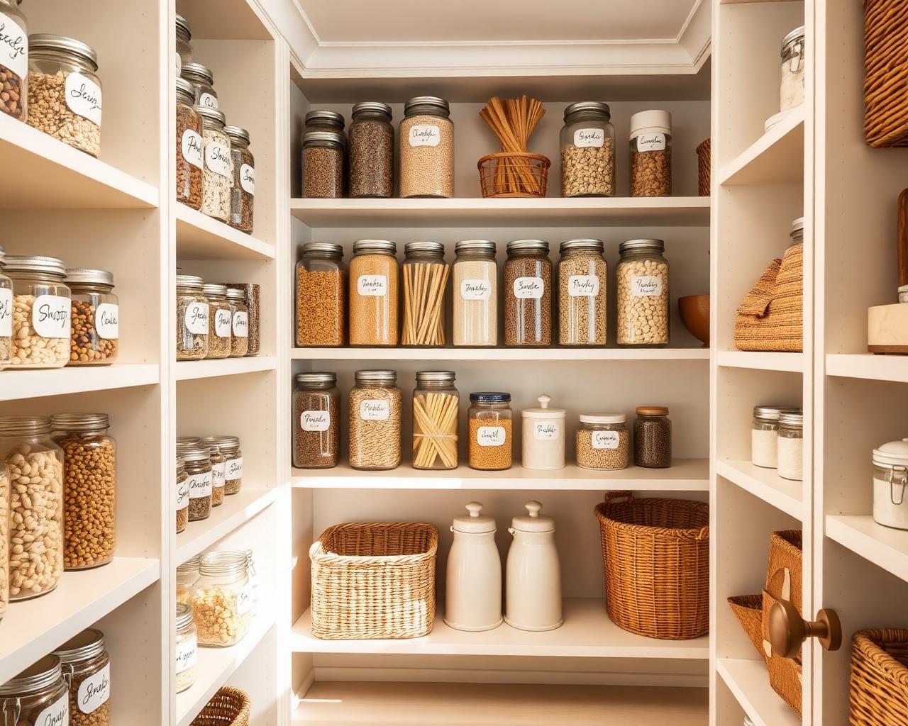 A serene, organized pantry with labeled glass jars and natural textures